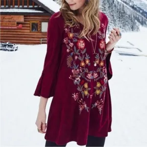 Altar'd State Floral Embroidered Dress Red MEDIUM NWT Boho Bohemian Bell Sleeve