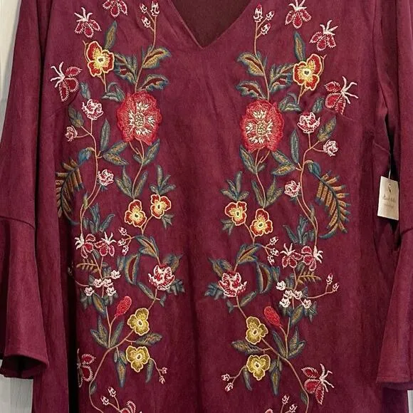Altar'd State Floral Embroidered Dress Red MEDIUM NWT Boho Bohemian Bell Sleeve