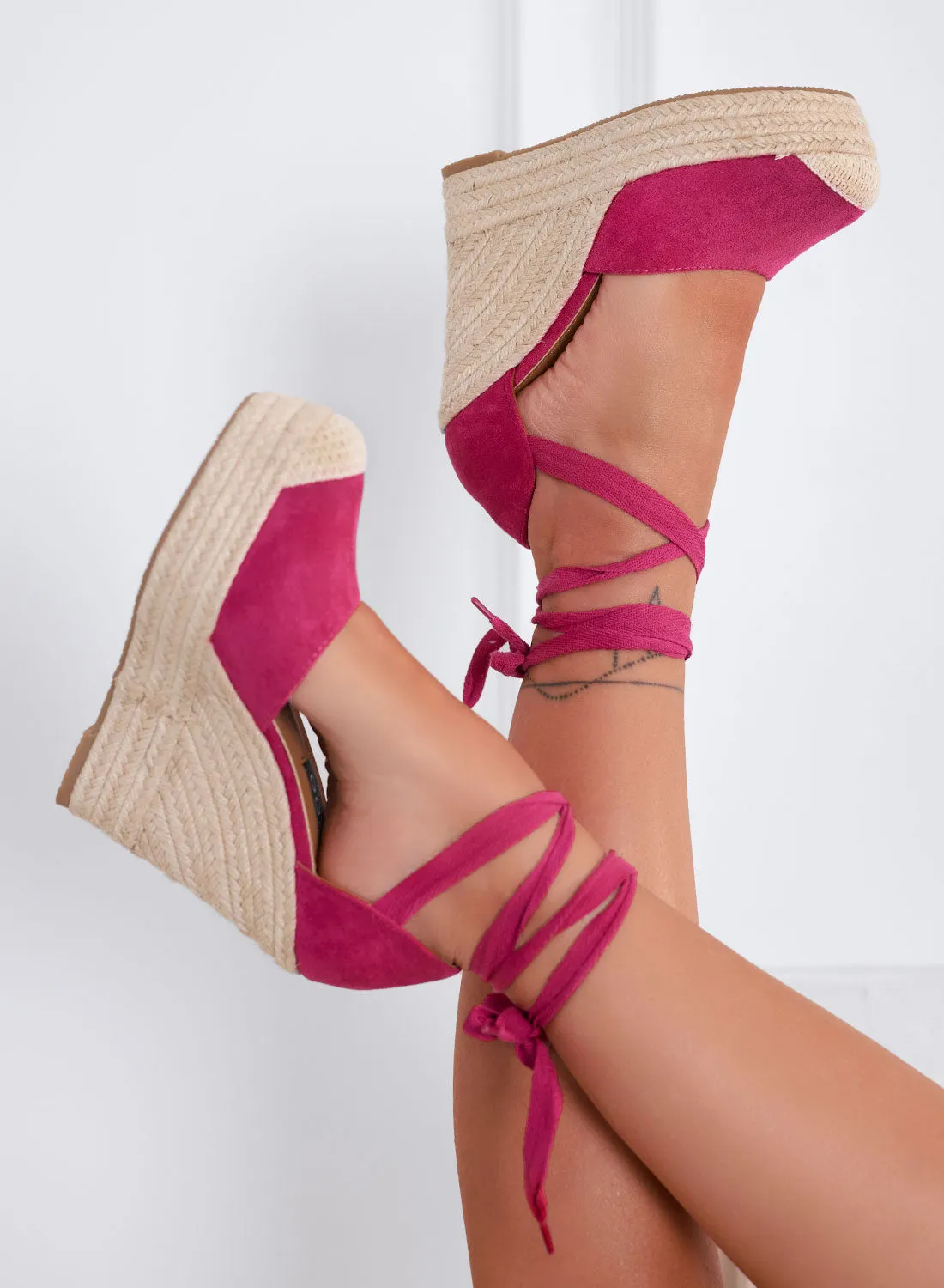 AMBRA - Espadrilles fuxia con zeppa in corda e laccio