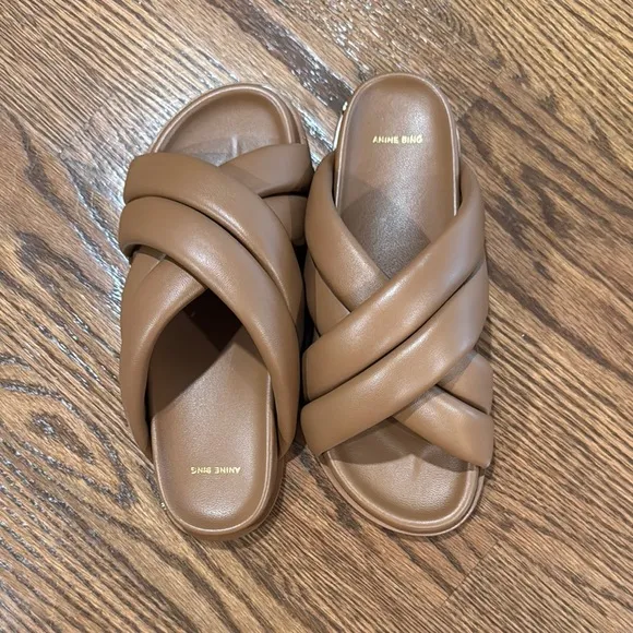 Anine Bing Tan Leather Lizzie Slides