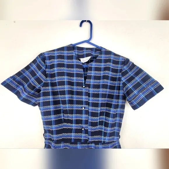 Ann Taylor Blue Plaid Midi Dress Short Sleeve VINTAGE ILGWU Sz Small