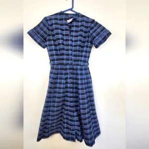 Ann Taylor Blue Plaid Midi Dress Short Sleeve VINTAGE ILGWU Sz Small