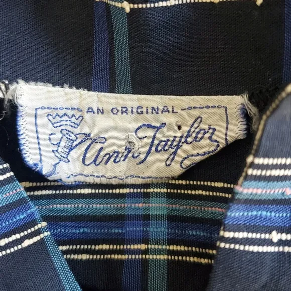 Ann Taylor Blue Plaid Midi Dress Short Sleeve VINTAGE ILGWU Sz Small