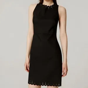 Ann Taylor Loft Black Laser Cut Scalloped Minimalist Fitted Sheath Midi Dress 2