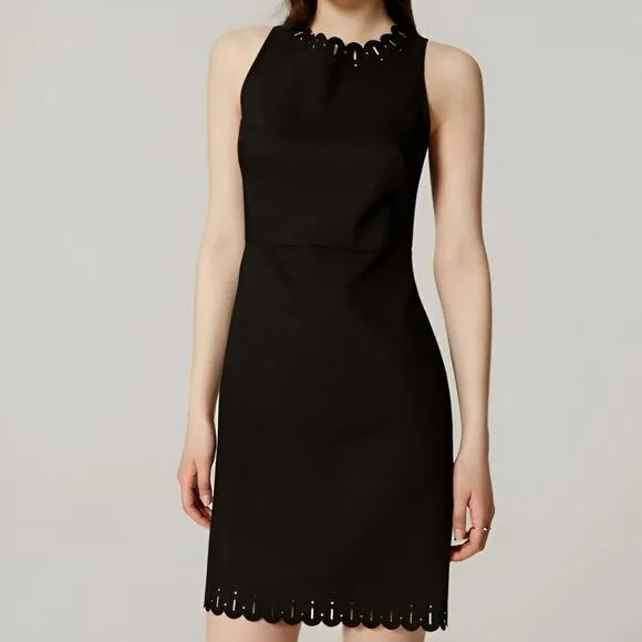 Ann Taylor Loft Black Laser Cut Scalloped Minimalist Fitted Sheath Midi Dress 2