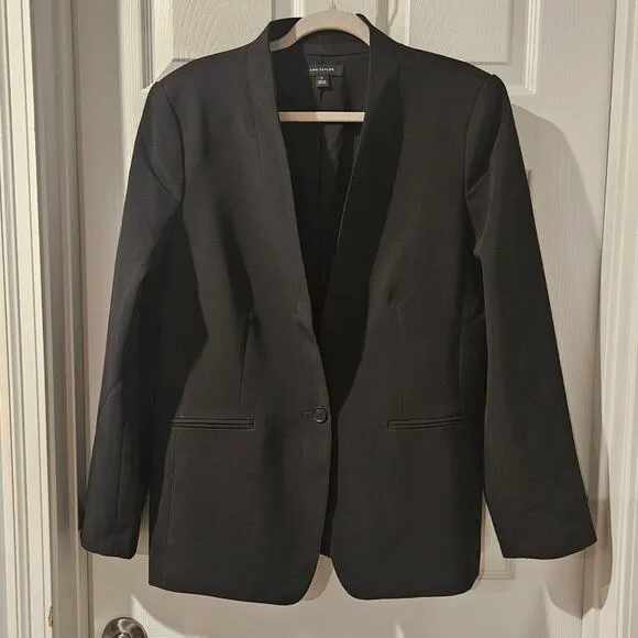 Ann Taylor Long Collarless Blazer Fluid Crepe Black Size 14 Workwear Chic