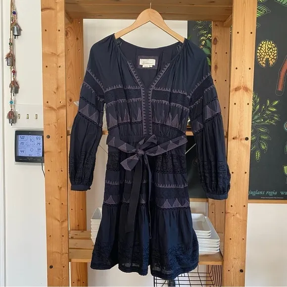 Anthropologie Blue Skye Embroidered Motif Puff Sleeve  Dress