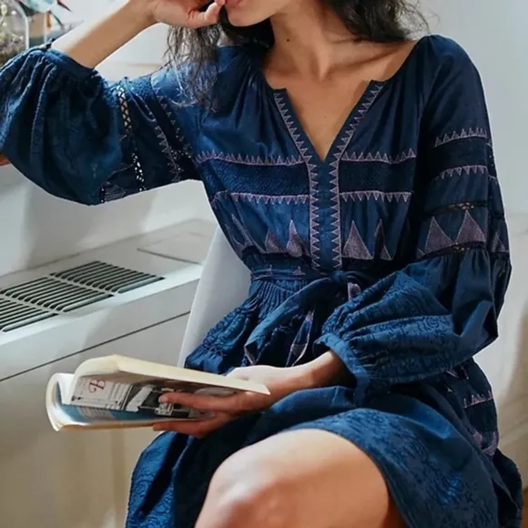 Anthropologie Blue Skye Embroidered Motif Puff Sleeve  Dress