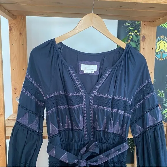 Anthropologie Blue Skye Embroidered Motif Puff Sleeve  Dress
