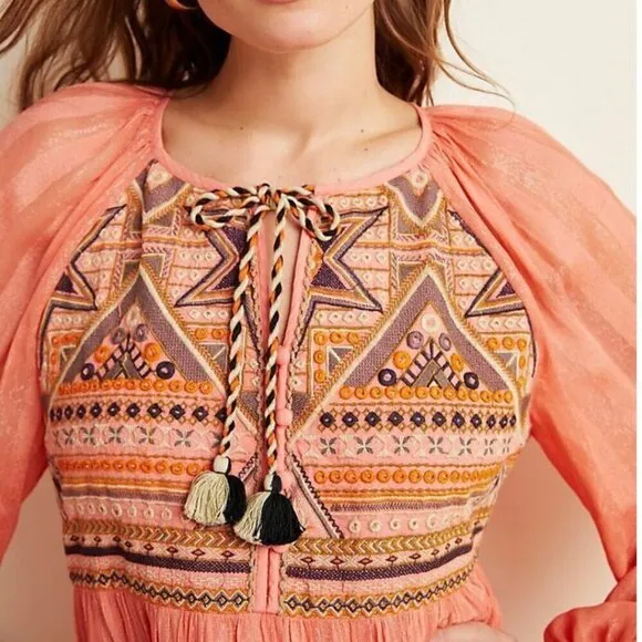 Anthropologie Boho Dress Extra Small XS Pink Mini Long Sleeve V-Neck Embroidered