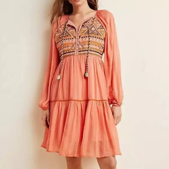 Anthropologie Boho Dress Extra Small XS Pink Mini Long Sleeve V-Neck Embroidered