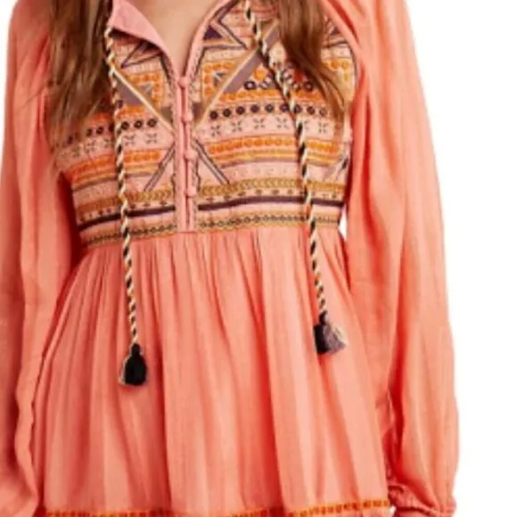 Anthropologie Boho Dress Extra Small XS Pink Mini Long Sleeve V-Neck Embroidered