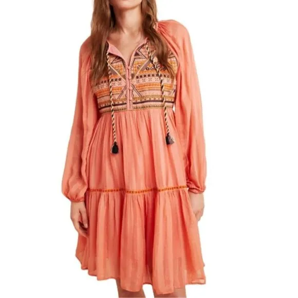 Anthropologie Boho Dress Extra Small XS Pink Mini Long Sleeve V-Neck Embroidered