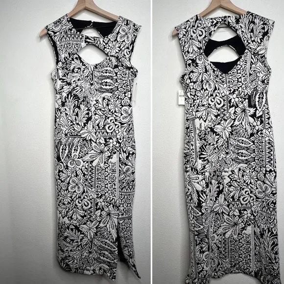 Anthropologie Jacquard Cut-Out Midi Dress, Black/ White, size S NWT