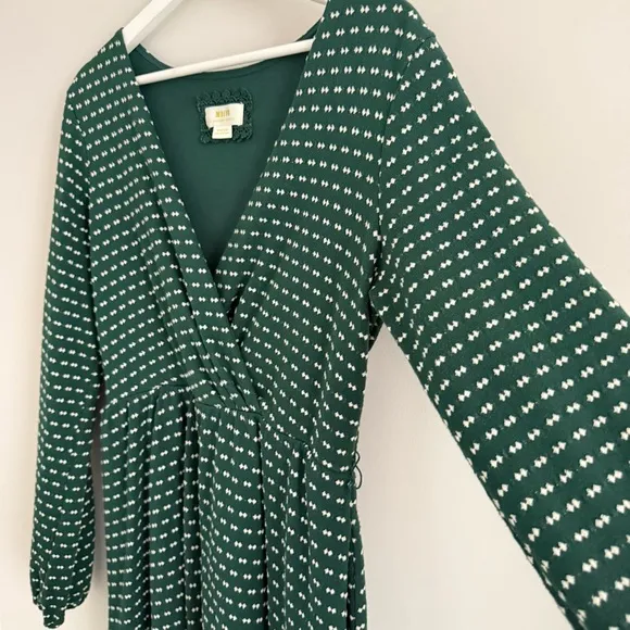 Anthropologie Maeve Malta Textured Knit Mini Dress Dark Green White Medium