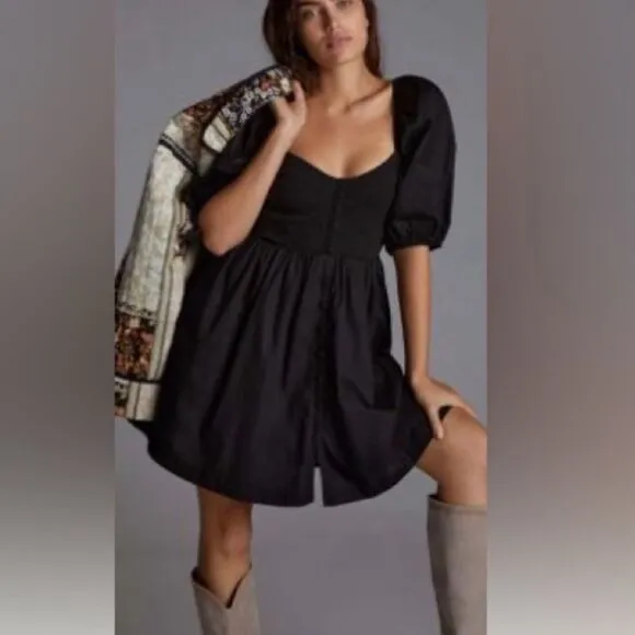 Anthropologie Maeve Puff Sleeve Sweetheart Mini Dress Black Size Medium NWT