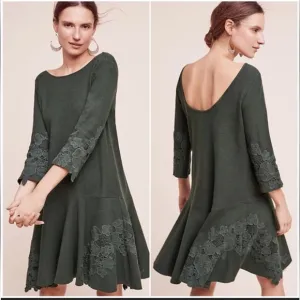 Anthropologie Maeve XS EUC Dark Green Cotton Linen 3/4 Sleeves Scoop Neck Dress
