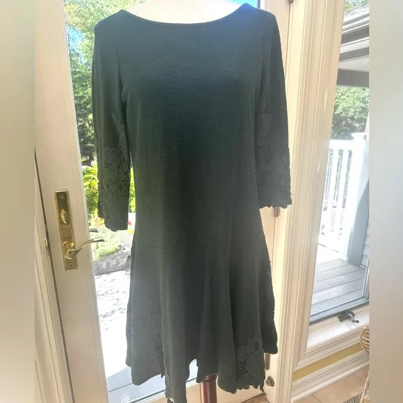 Anthropologie Maeve XS EUC Dark Green Cotton Linen 3/4 Sleeves Scoop Neck Dress