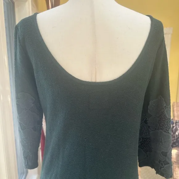 Anthropologie Maeve XS EUC Dark Green Cotton Linen 3/4 Sleeves Scoop Neck Dress