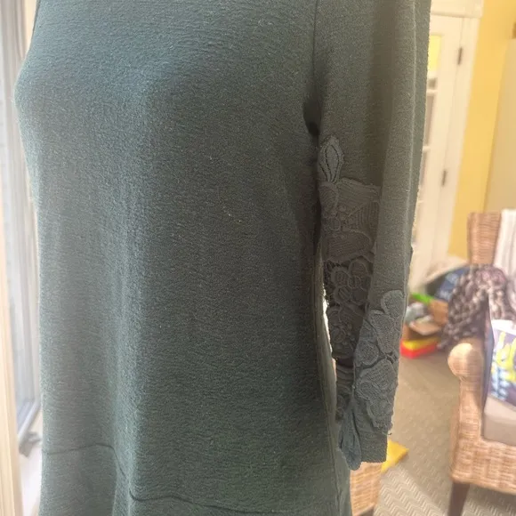 Anthropologie Maeve XS EUC Dark Green Cotton Linen 3/4 Sleeves Scoop Neck Dress