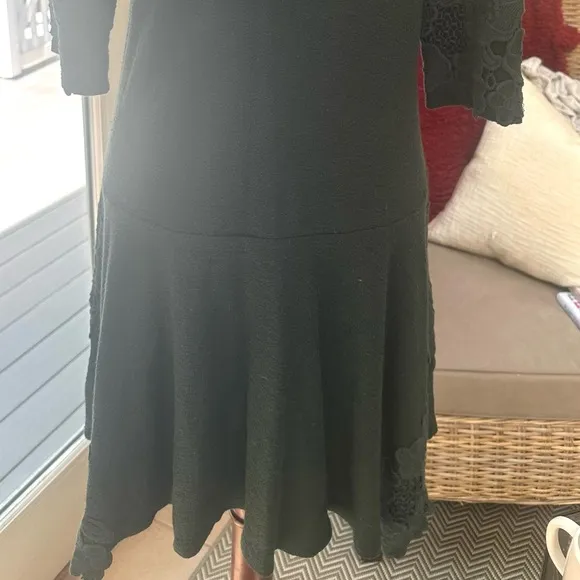 Anthropologie Maeve XS EUC Dark Green Cotton Linen 3/4 Sleeves Scoop Neck Dress