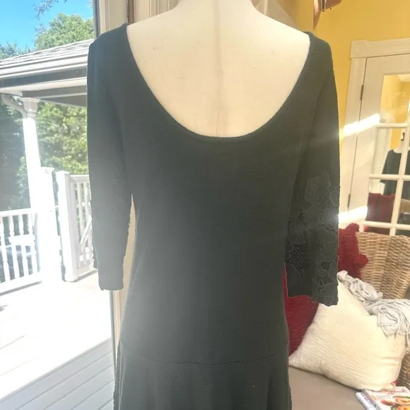 Anthropologie Maeve XS EUC Dark Green Cotton Linen 3/4 Sleeves Scoop Neck Dress