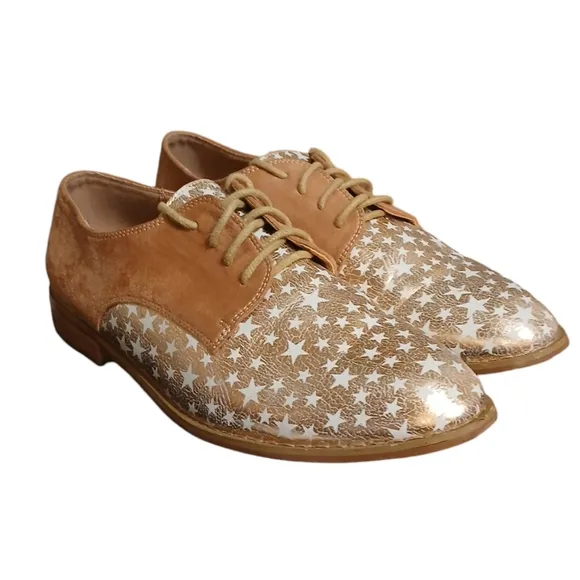 Anthropologie Vanessa Wu Metallic Oxford Loafers Rose Gold Leather Suede Lace Up