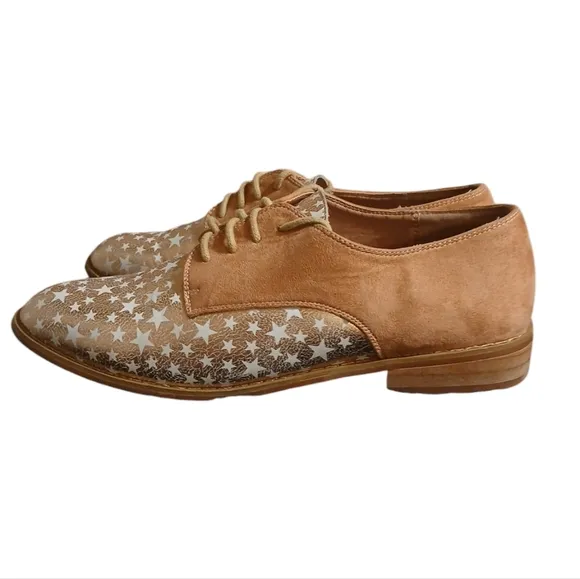 Anthropologie Vanessa Wu Metallic Oxford Loafers Rose Gold Leather Suede Lace Up