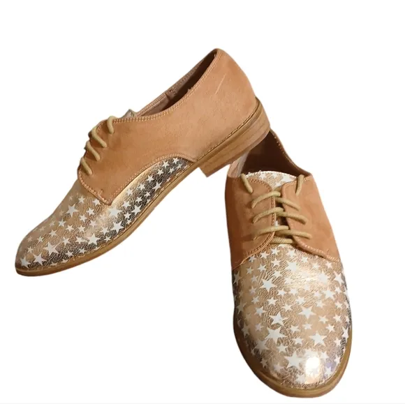 Anthropologie Vanessa Wu Metallic Oxford Loafers Rose Gold Leather Suede Lace Up