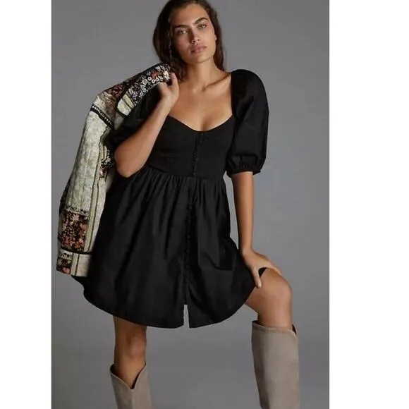 ANTHROPOLOGIE x MAEVE Puff-Sleeved Sweetheart MIni Dress Black Size XS