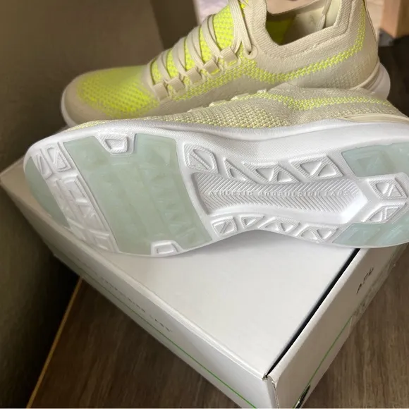 APL Tech Loom Running Neon Yellow and Cream Knit Sneakers. Women 7:5