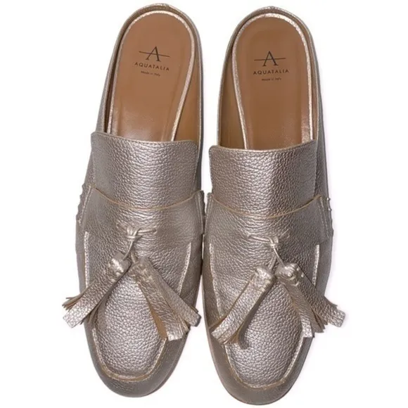 Aquatalia Women’s Size 10.5 Silver Metallic Tassel Stella Slip On Slides Mules