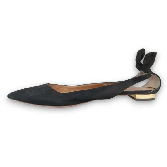 AQUAZZURA Deneuve Flats Bow Tie Heel Black  Suede Pointy Toe Ballet Size 39