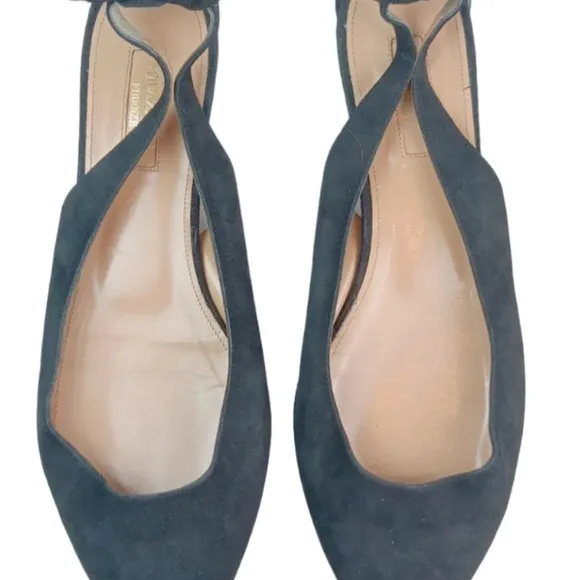AQUAZZURA Deneuve Flats Bow Tie Heel Black  Suede Pointy Toe Ballet Size 39
