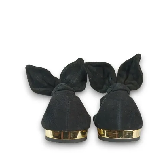 AQUAZZURA Deneuve Flats Bow Tie Heel Black  Suede Pointy Toe Ballet Size 39