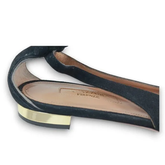 AQUAZZURA Deneuve Flats Bow Tie Heel Black  Suede Pointy Toe Ballet Size 39