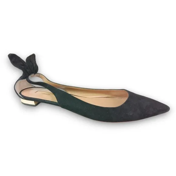 AQUAZZURA Deneuve Flats Bow Tie Heel Black  Suede Pointy Toe Ballet Size 39