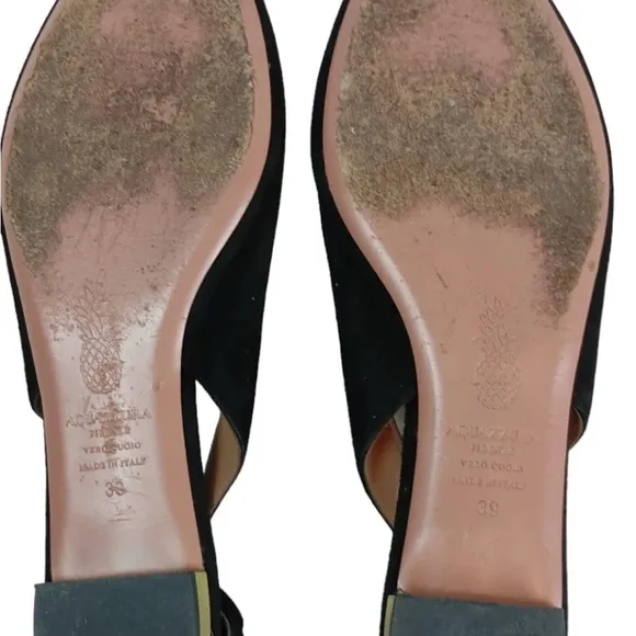 AQUAZZURA Deneuve Flats Bow Tie Heel Black  Suede Pointy Toe Ballet Size 39