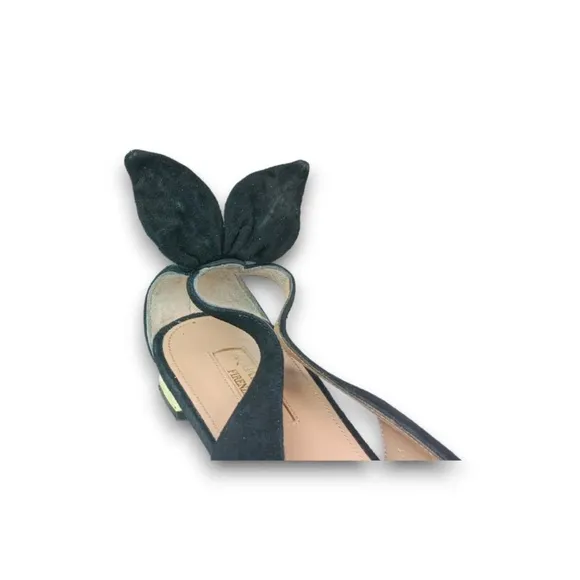 AQUAZZURA Deneuve Flats Bow Tie Heel Black  Suede Pointy Toe Ballet Size 39