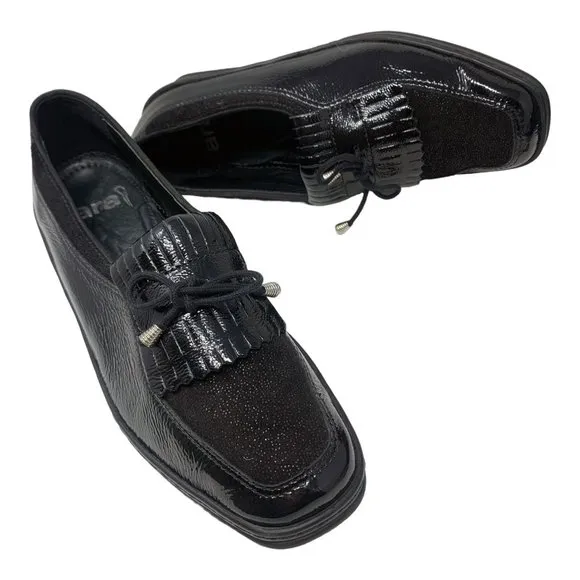 ARA Rachel Black Crinkled Patent Leather Kiltie‎ Fringe Bow Loafers