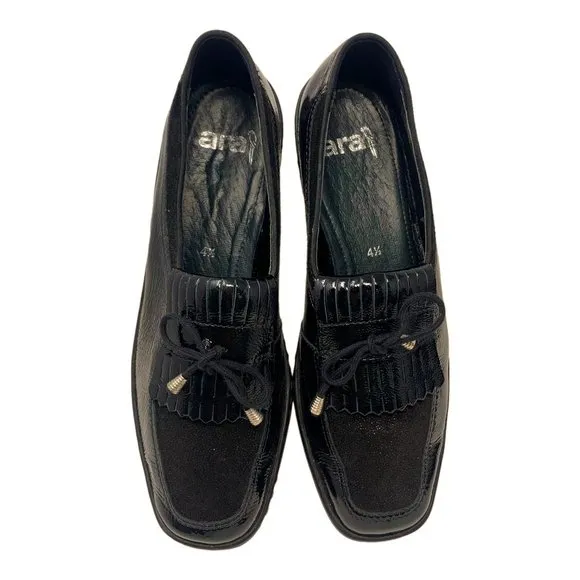ARA Rachel Black Crinkled Patent Leather Kiltie‎ Fringe Bow Loafers