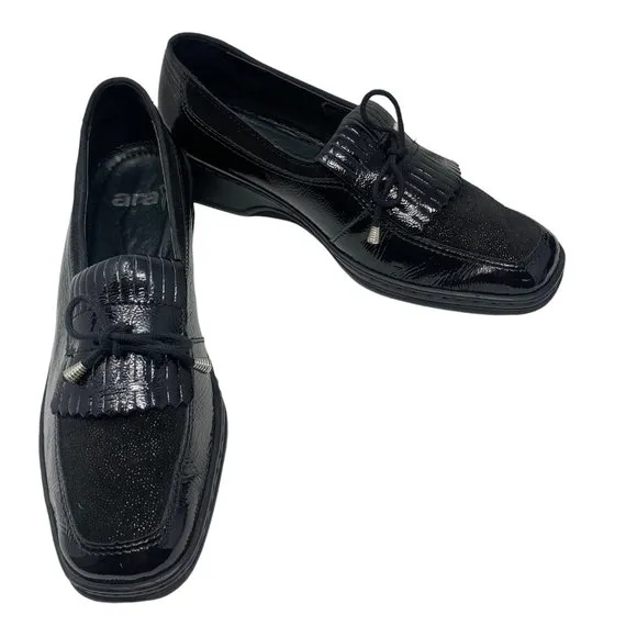 ARA Rachel Black Crinkled Patent Leather Kiltie‎ Fringe Bow Loafers