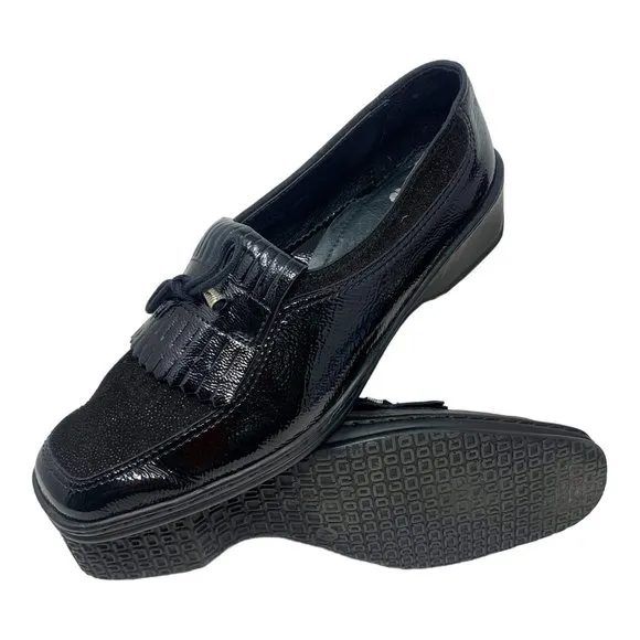 ARA Rachel Black Crinkled Patent Leather Kiltie‎ Fringe Bow Loafers