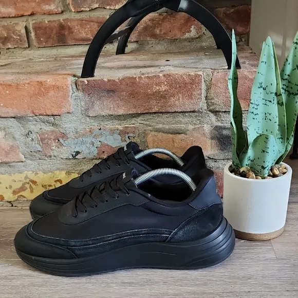 Arne Mens Black Leather Wave Runner Trainer Sneaker Shoe Triple Black Sz 12.5-13