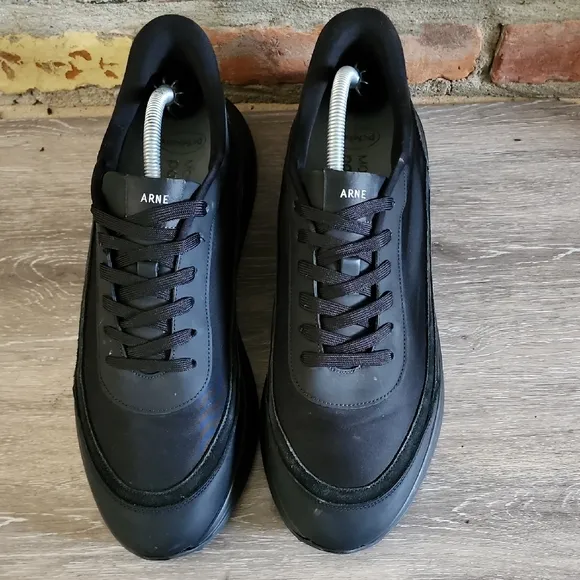 Arne Mens Black Leather Wave Runner Trainer Sneaker Shoe Triple Black Sz 12.5-13