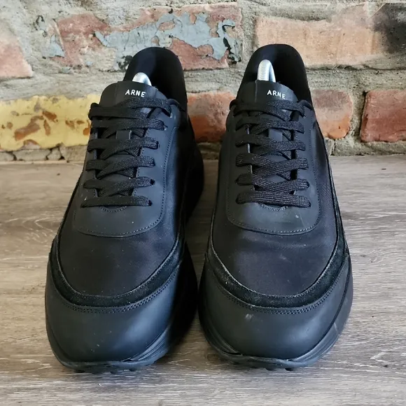 Arne Mens Black Leather Wave Runner Trainer Sneaker Shoe Triple Black Sz 12.5-13