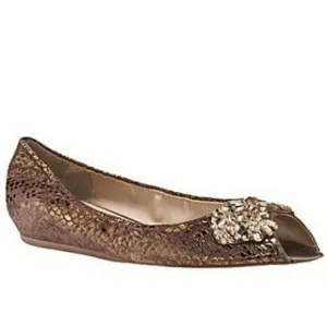Arturo Chiang Addie Bronze Metallic Leather Jeweled Open Toe Ballet Wedges Sz 7