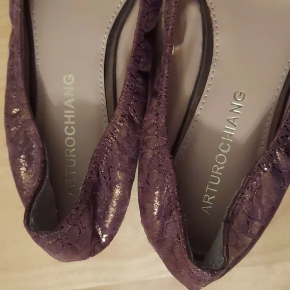 Arturo Chiang Addie Bronze Metallic Leather Jeweled Open Toe Ballet Wedges Sz 7