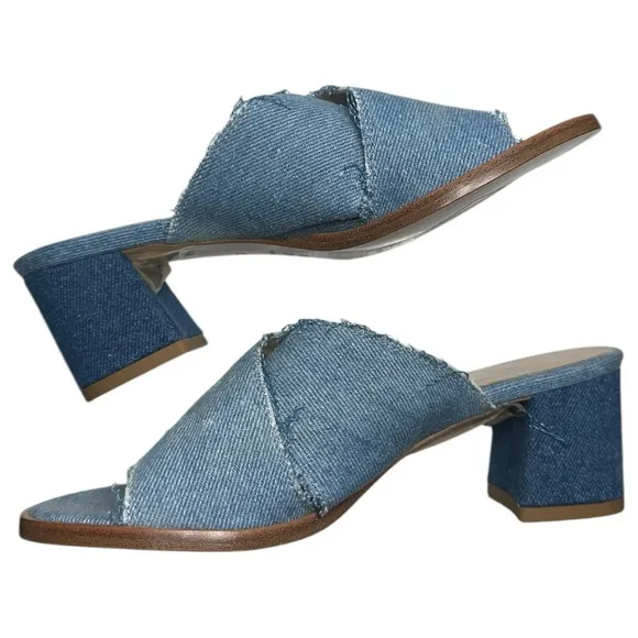 ASKA Women’s Size 38.5 8 Multi Denim Jeans Blue Metallic Rivet Accented Mules