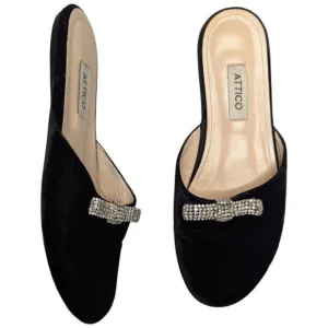 Attico Black Velvet Open Back Rhinestone Bow Detail Mule Flats EU 37.5 US 7